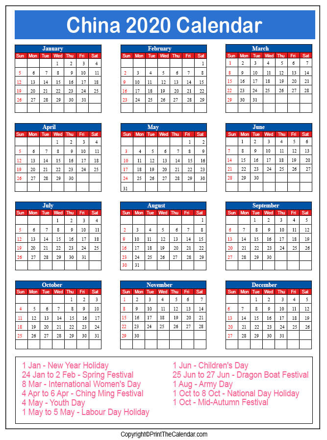 China Printable Calendar 2020